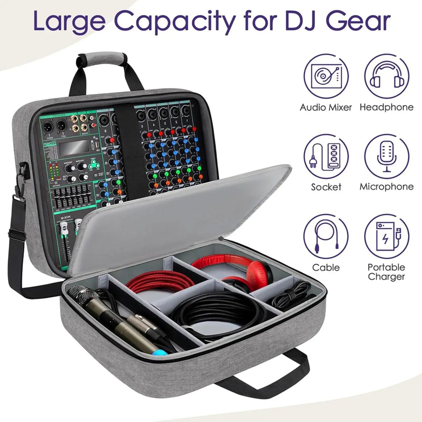Gray fabric audio mixer bag with black handles and adjustable interior compartments for dj cable and gear storage
