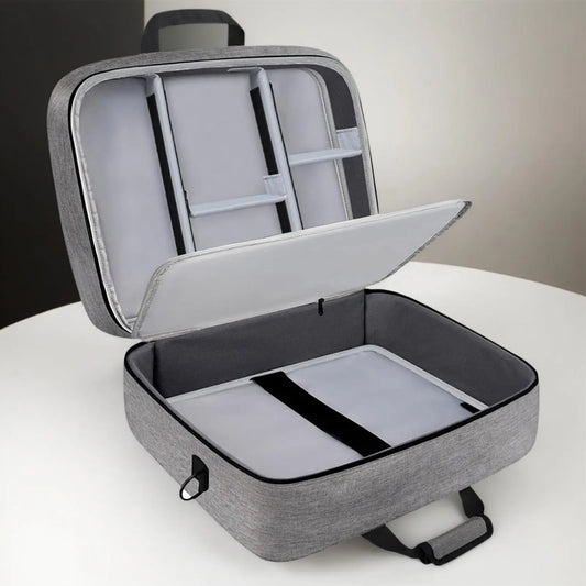 Gray textured audio mixer bag with black trim and interior compartments for bag dj cable and mixer carrying gear