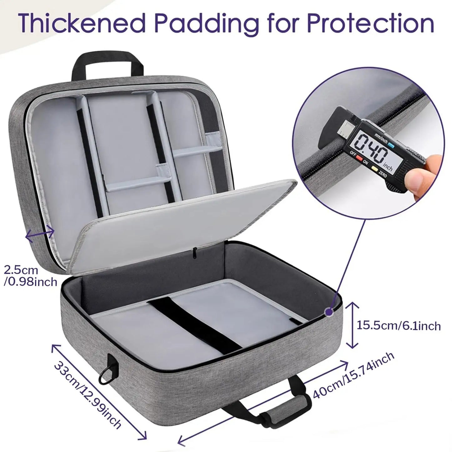 Gray textured audio mixer bag with black trim, padded interior, top handle, and side strap for dj cable carrying