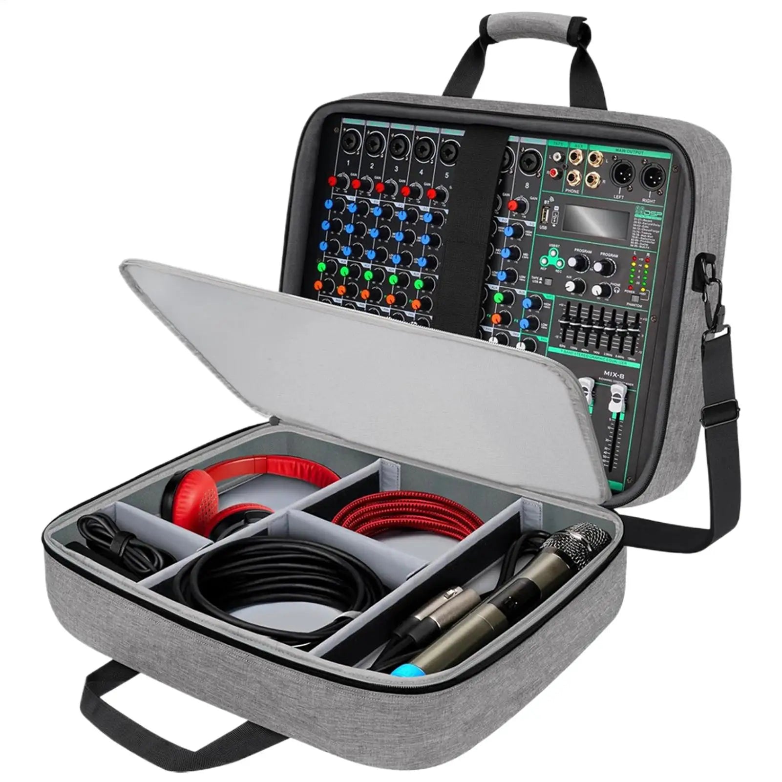 Gray textured audio mixer carrying case dj cable bag with black handles adjustable storage for scratch-resistant gear