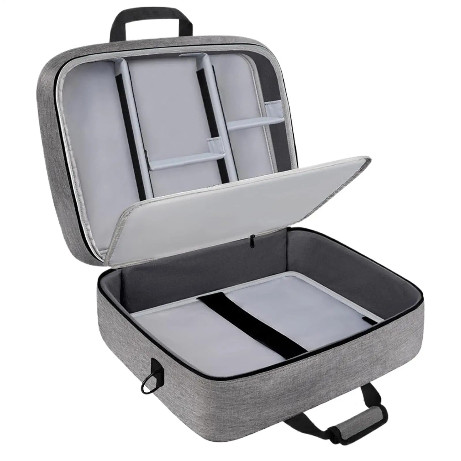 Gray textured audio mixer carrying case dj cable bag with black handles and adjustable storage compartments