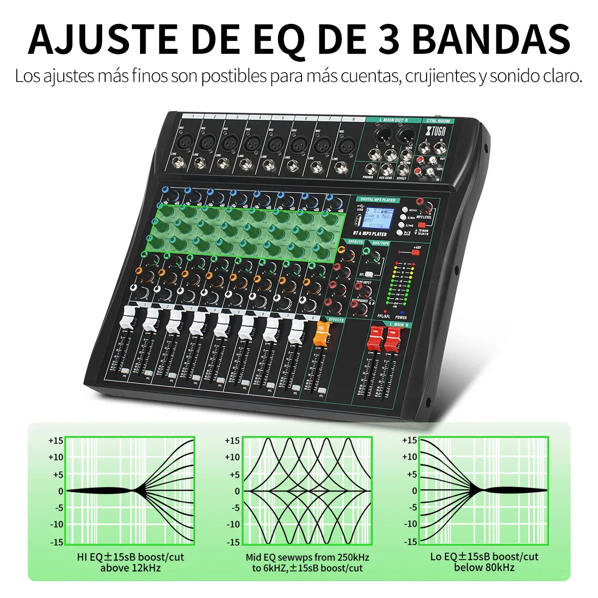 Black 3-band board mixing console with green and orange knobs labeled x1068 featuring phantom digital effect functions