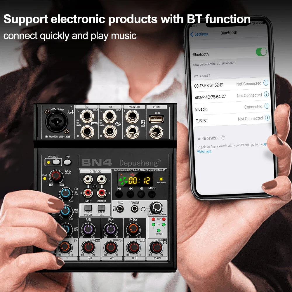 Black depusheng bn4 audio mixer with silver knobs 48v phantom power sound card and bluetooth inputs for recording