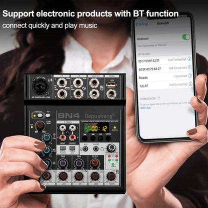 Black depusheng bn4 audio mixer with silver knobs 48v phantom power sound card and bluetooth inputs for recording