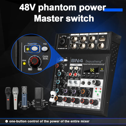 Black depusheng bn4 professional 2-input 8-channel audio mixer with usb sound card and 48v phantom power digital display