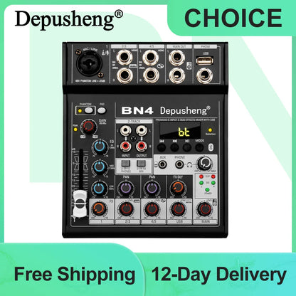 Black depusheng bn4 premium 5-input dj mixer with sound card 48v phantom power and usb connectivity for recording