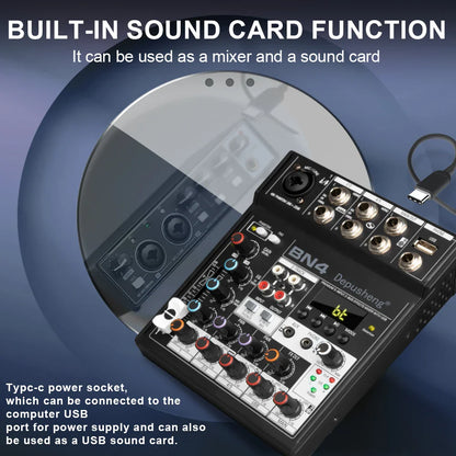 Black depusheng bn4 audio mixer with multiple jacks knobs usb port and 48v phantom power sound card for recording