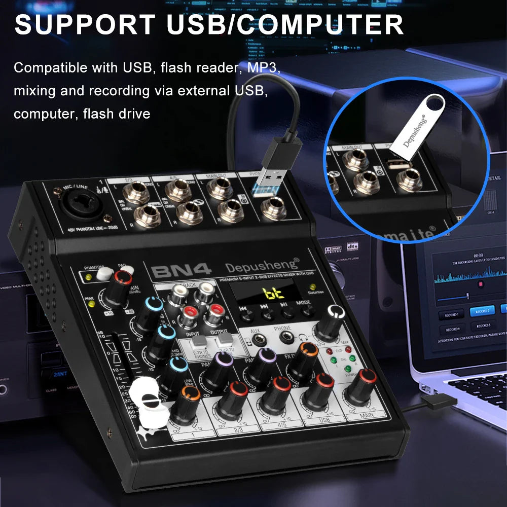 Black depusheng bn4 audio mixer with silver and red knobs support usb computer with sound card and 48v phantom power
