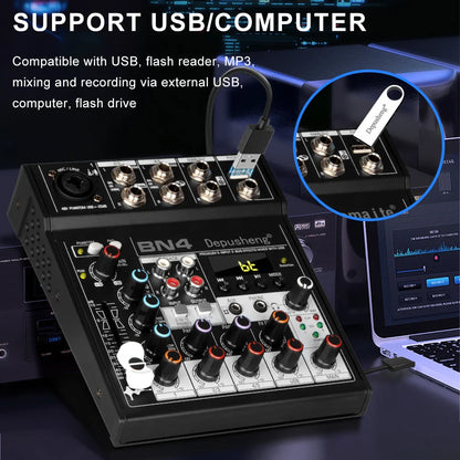Black depusheng bn4 audio mixer with silver and red knobs support usb computer with sound card and 48v phantom power