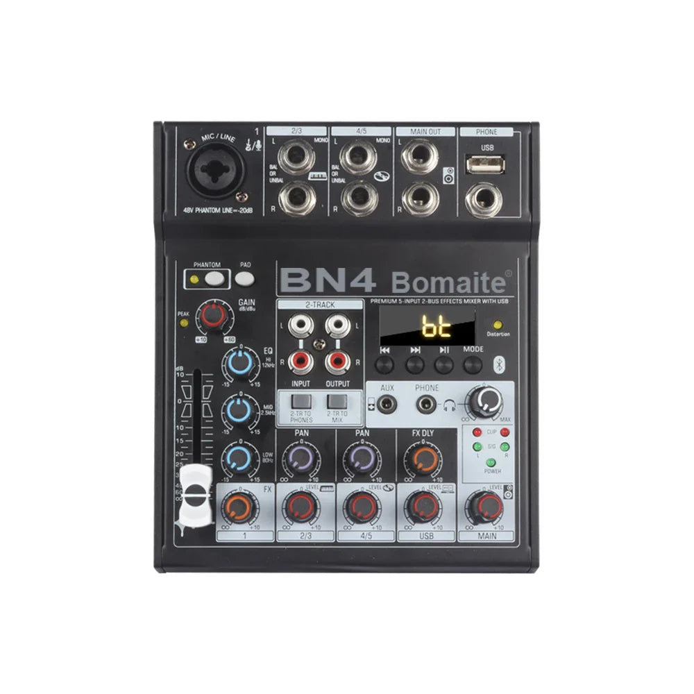 Black bn4 bomaite premium 5-input 2-bus audio mixer with digital display sound card and 48v phantom power for recording