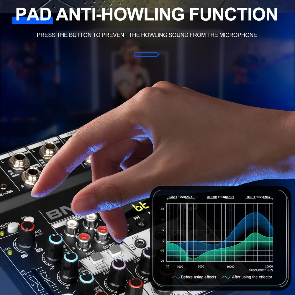 Black bm audio mixer depusheng bn4 professional 5 channels with sound card 48v phantom power and blue led lighting
