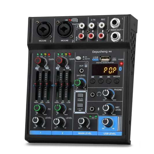 Black depusheng m4 digital audio mixer with multiple jacks knobs small display mixing console bluetooth usb record features