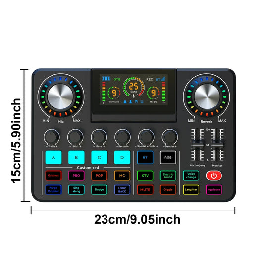 Black compact audio mixer live with rgb music recording, illuminated knobs, digital display, and voice changer sound effects