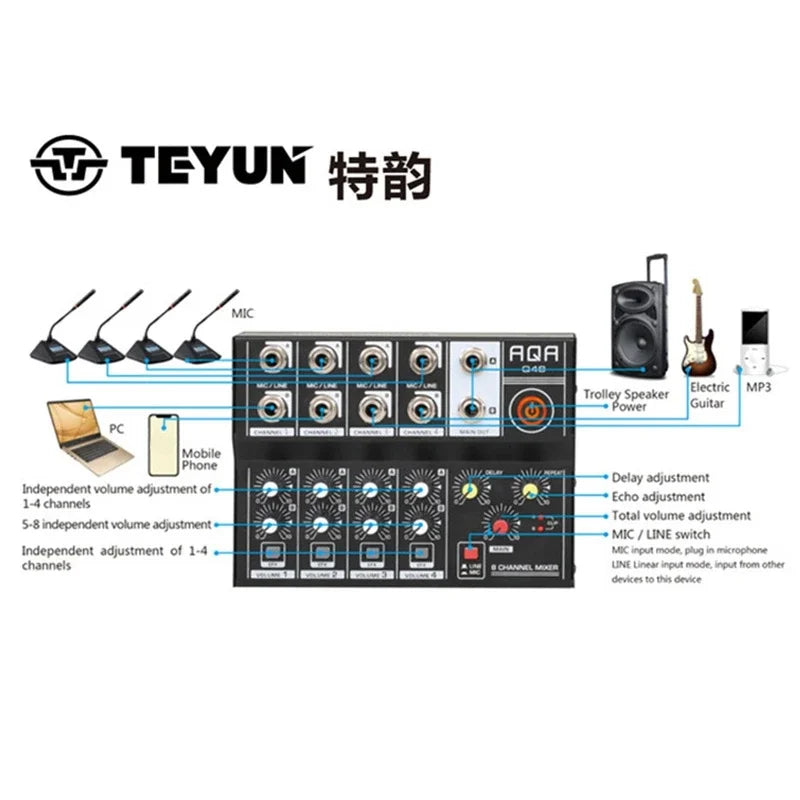 Black teyun AQ48 8-channel audio mixer with silver knobs and red power button for console DJ digital and mobile interface portable use