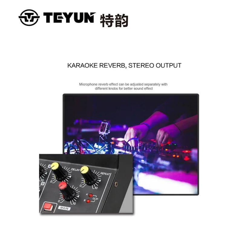 Black teyun console dj digital karaoke mixer with yellow and red knobs for delay repeat and main volume control for frequency table amplify