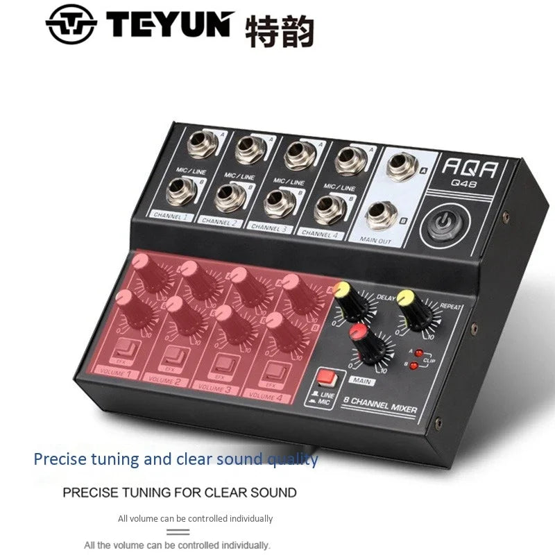 Black teyun aqa q4b 8-channel audio mixer with red volume knobs and silver input jacks for console dj digital use