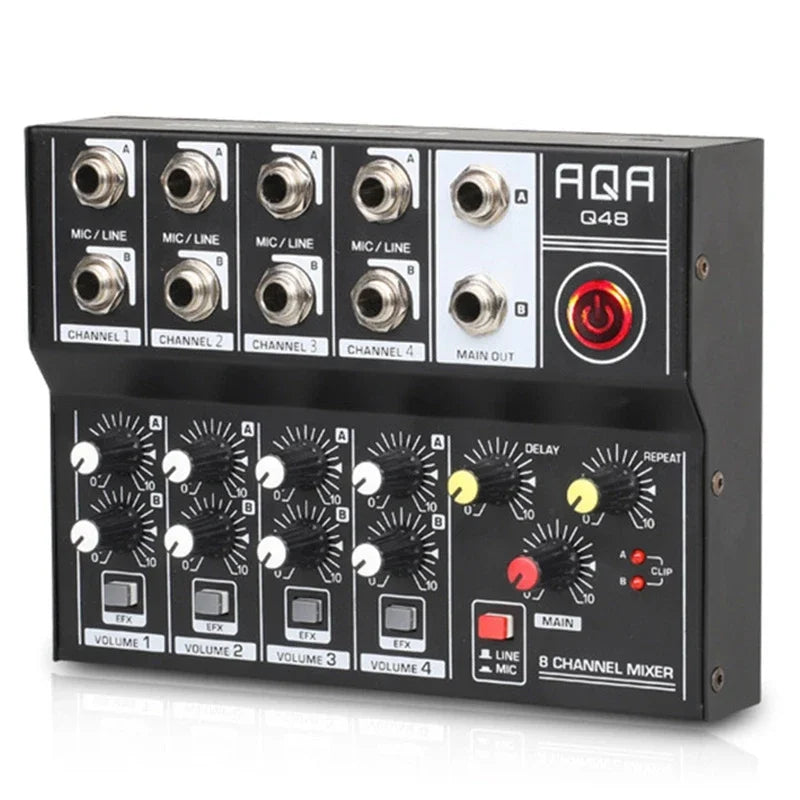Black aqa q48 8 channel audio mixer console dj digital with silver input jacks and white knobs for mobile interface portable use