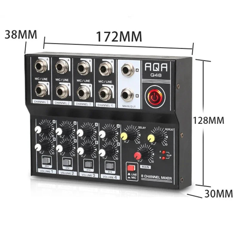 Black 8 channel audio mixer console dj digital with silver knobs red power button and mobile interface portable design