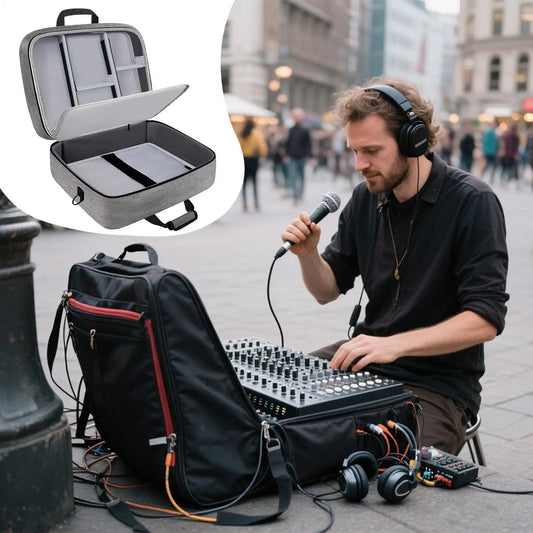 Gray textured audio mixer travel case with interior compartments, black zippers, and 10mm padding for protective dj mixer storage