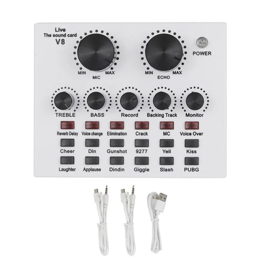 White rectangular mixer v8 sound audio interface with black rotary knobs for karaoke recording professional mic use
