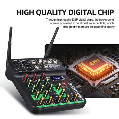Black debra mc-804 wireless microphone soundcard audio mixer with green yellow knobs red input indicators and delay repeat effect