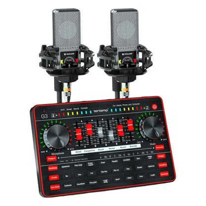 Black and red tenlamp g3 audio mixing console with two silver studio condenser microphones for live streaming audio interface sound
