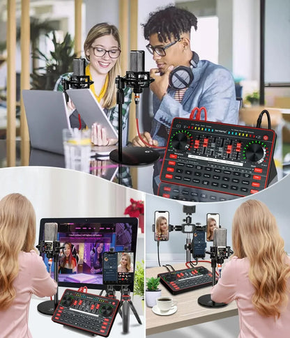 Black and red tantamp g3 audio interface with knobs buttons and led indicators for studio condenser microphone use and live streaming audio interface sound