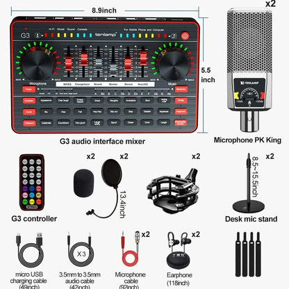 Black and red tenlamp g3 audio interface mixer with rotary knobs sliders and studio condenser microphone for live streaming