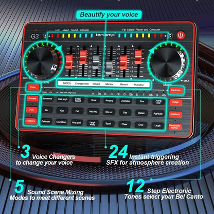 Red and black tenlamp g3 hi-fi audio mixer with glowing green leds and knobs for voice effects studio condenser microphone use