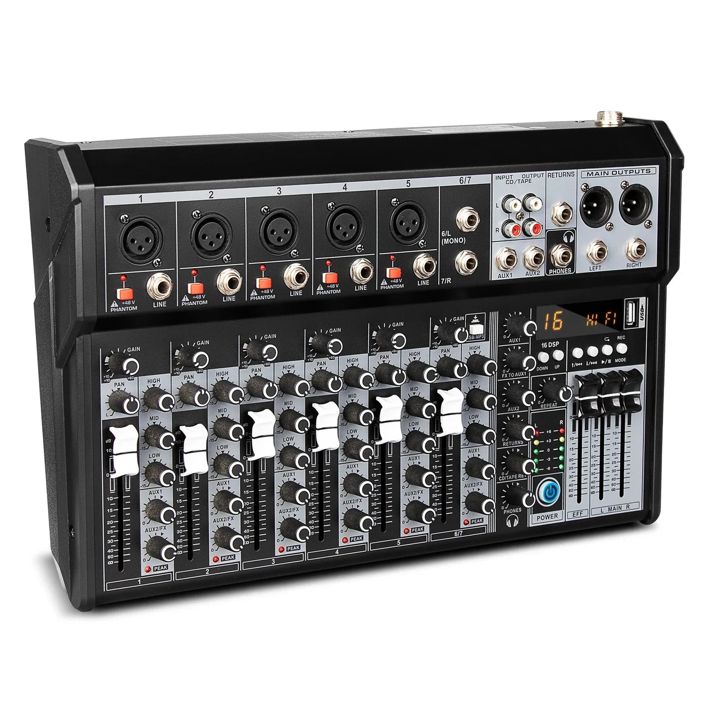 Black 16-channel audio mixing console with multiple knobs and faders for professional streaming DJ audio and channel sound mixer