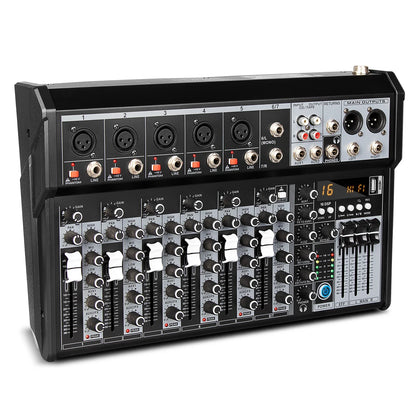 Black 16-channel audio mixing console with silver knobs white sliders digital display for professional live streaming dj use