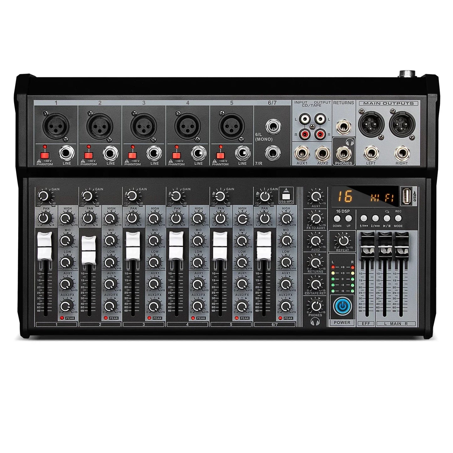 Black 16-channel audio mixing console with silver knobs and digital display for streaming dj audio and channel sound mixer use