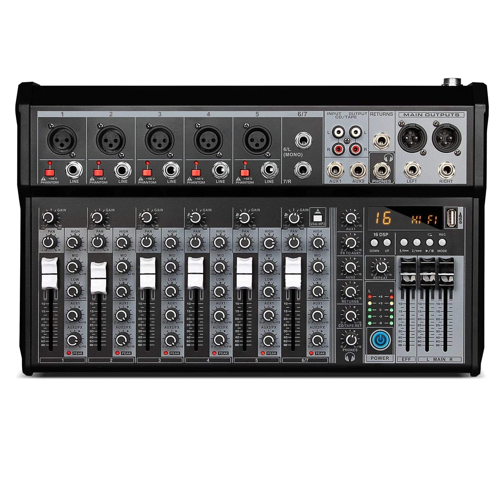 Black 16-channel audio mixing console with silver knobs and digital display for streaming dj audio and channel sound mixer use