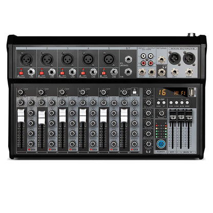Black 16-channel audio mixing console with silver knobs and digital display for streaming dj audio and channel sound mixer use