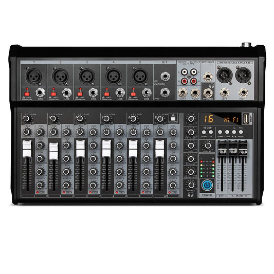 Black 16-channel audio mixing console with silver knobs and digital display for streaming dj audio and channel sound mixer use