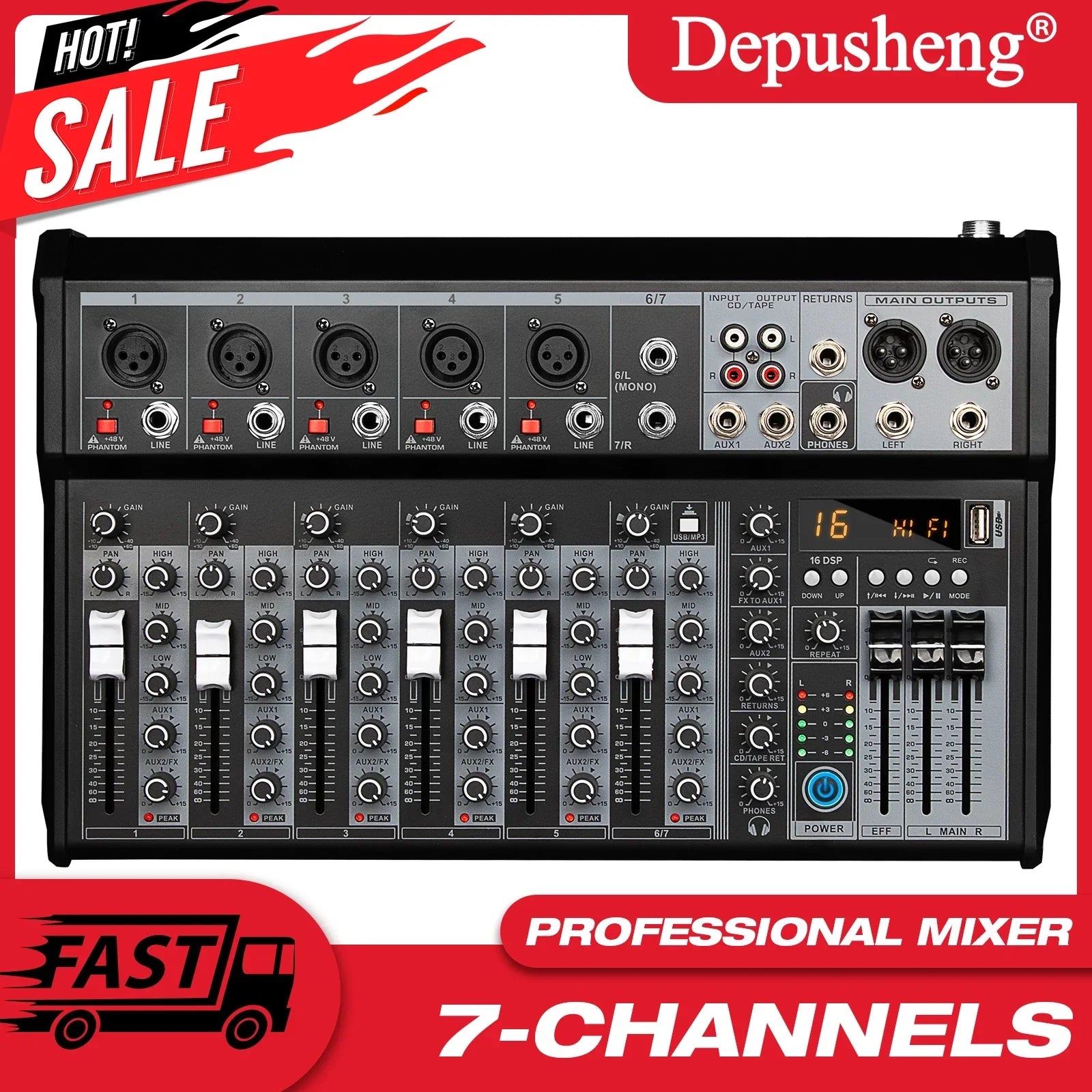 Black depusheng 7-channel professional audio mixing console with silver knobs and sliders for streaming dj audio use
