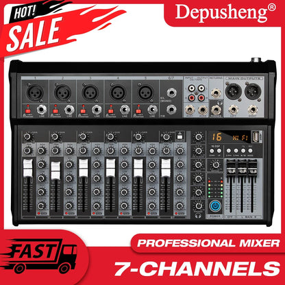 Black depusheng 7-channel professional audio mixing console with silver knobs and sliders for streaming dj audio use