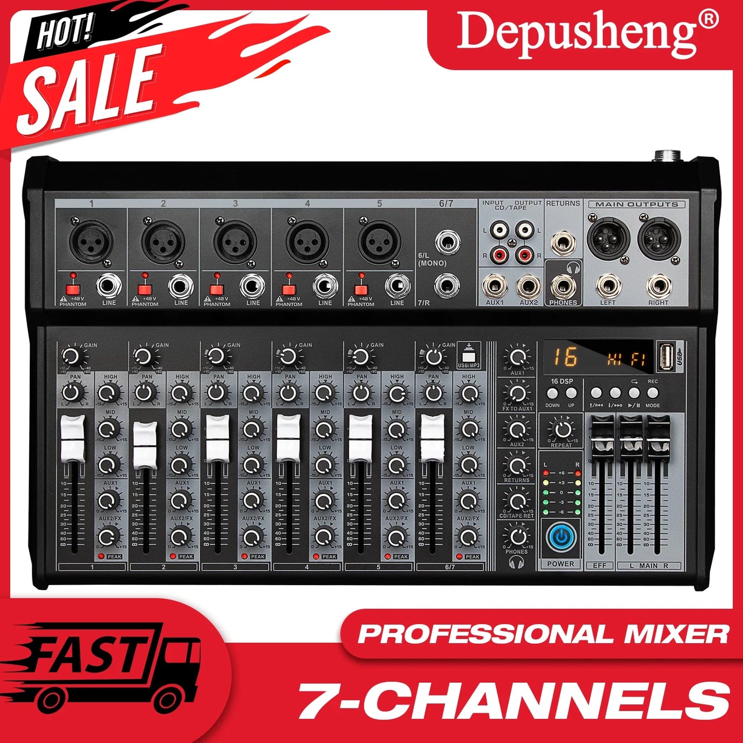 Black depusheng 7-channel professional audio mixer with silver knobs and sliders for live streaming and dj use