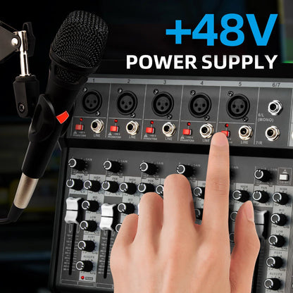 Black dynamic microphone with textured grille and silver metal base on adjustable arm beside professional 7 channel audio mixer for live streaming DJ use