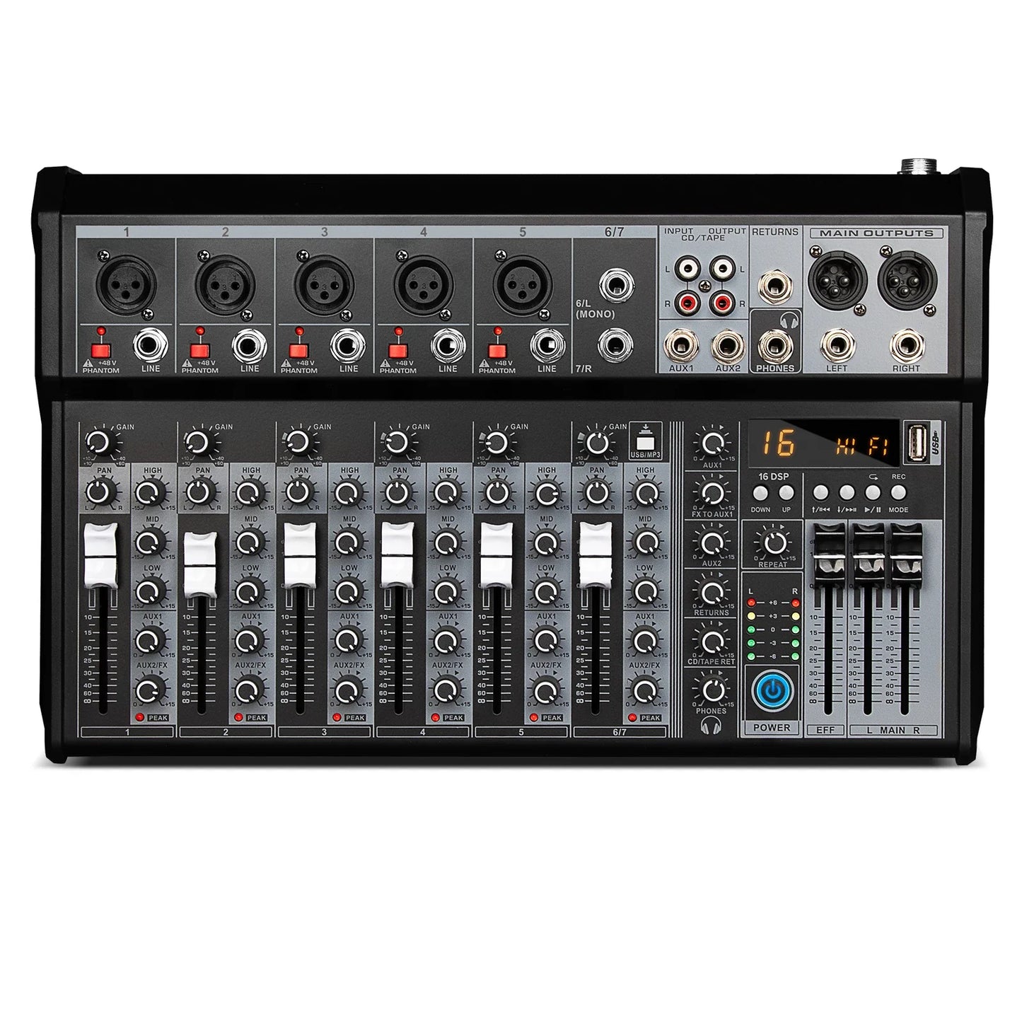 Black and silver 16-channel audio mixing console with multiple jacks knobs sliders and digital display for professional dj use