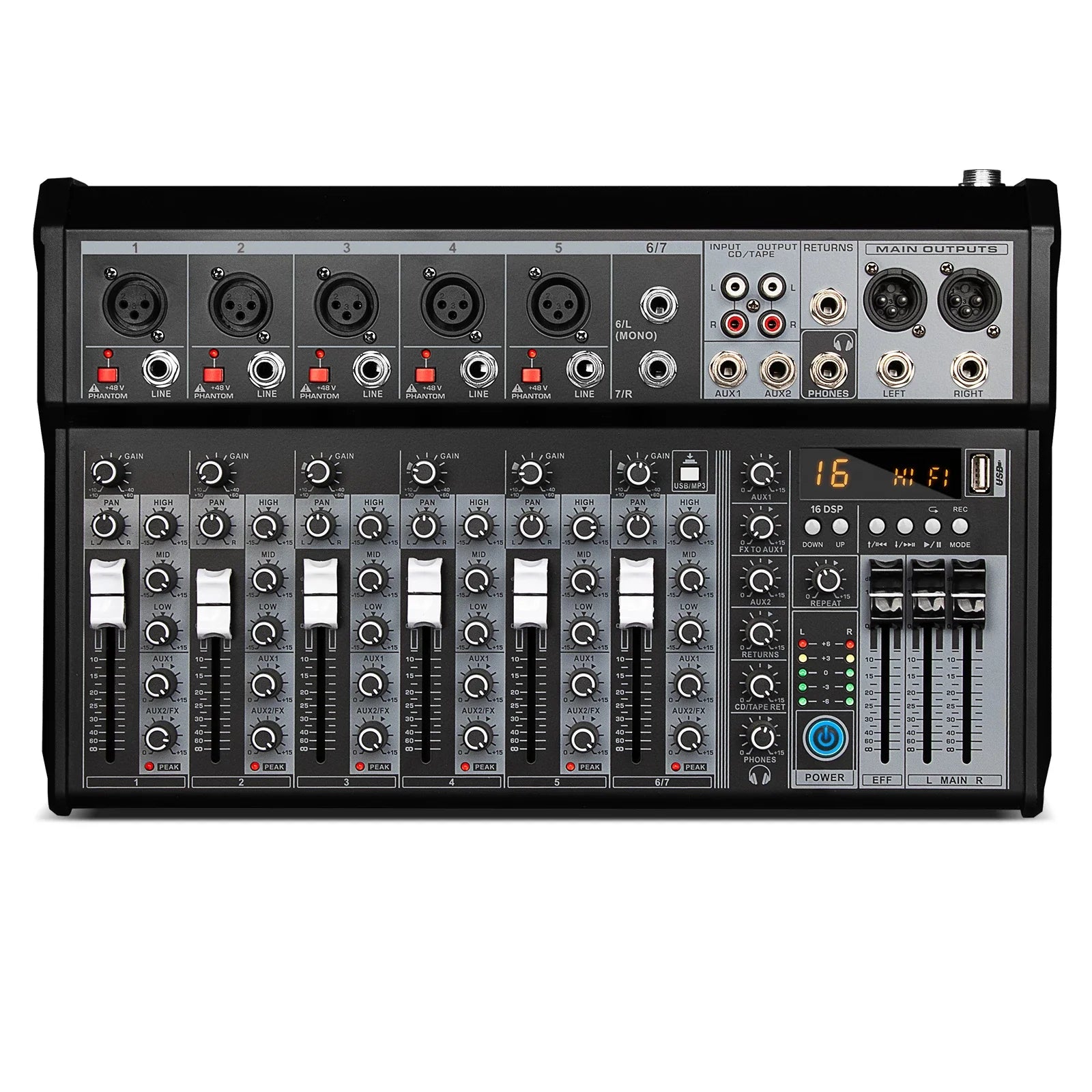Black and silver 16-channel audio mixing console with multiple jacks knobs sliders and digital display for professional dj use