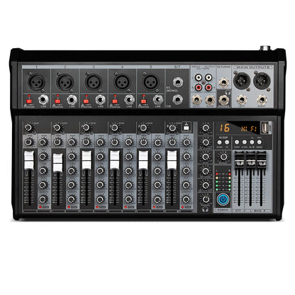 Black and silver 16-channel audio mixing console with multiple jacks knobs sliders and digital display for professional dj use