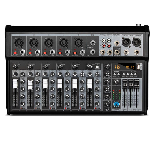 Black and silver 16-channel audio mixing console with multiple jacks knobs sliders and digital display for professional dj use