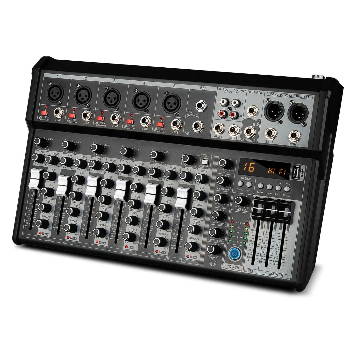 Black and silver 8-channel audio mixing console with faders knobs digital display and multiple jacks for live streaming DJ use