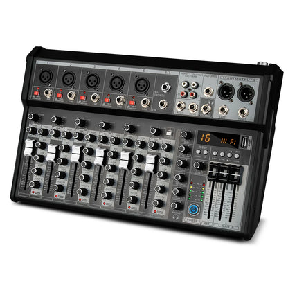 Black and silver 8-channel audio mixing console with faders knobs digital display and multiple jacks for live streaming DJ use