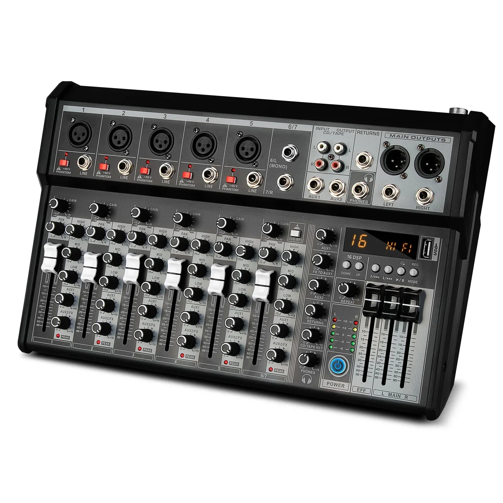 Black and silver 8-channel audio mixing console with knobs sliders digital display for streaming dj audio and live sound mixing