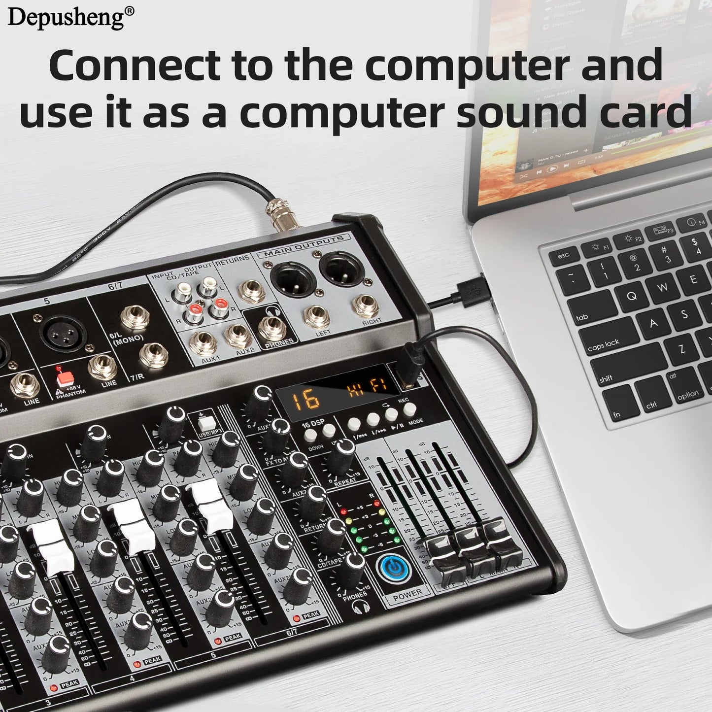 Black and silver depusheng 5-channel audio mixer with knobs sliders and led indicators for professional live streaming dj use