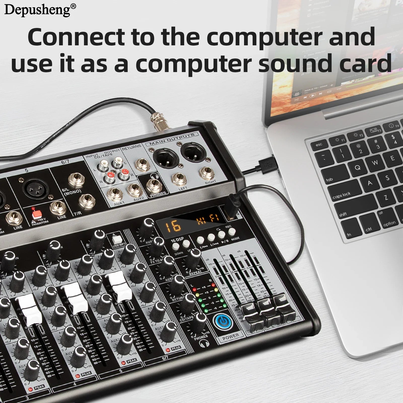 Black and silver depusheng 5-channel audio mixer with knobs sliders and led indicators for professional live streaming dj use