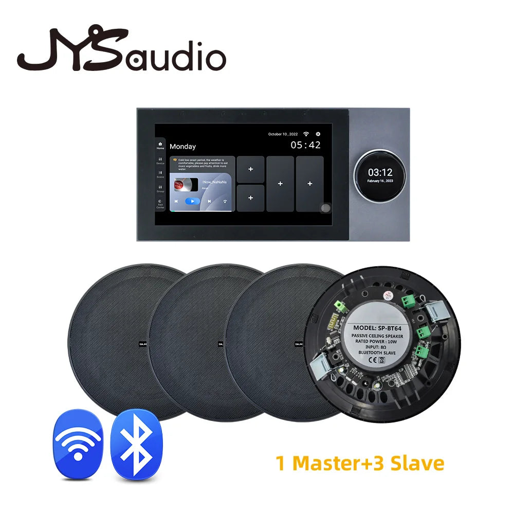 Jysaudio 5.1 channel smart home theater with black touchscreen receiver and circular ceiling speakers with amplifier wifi touch