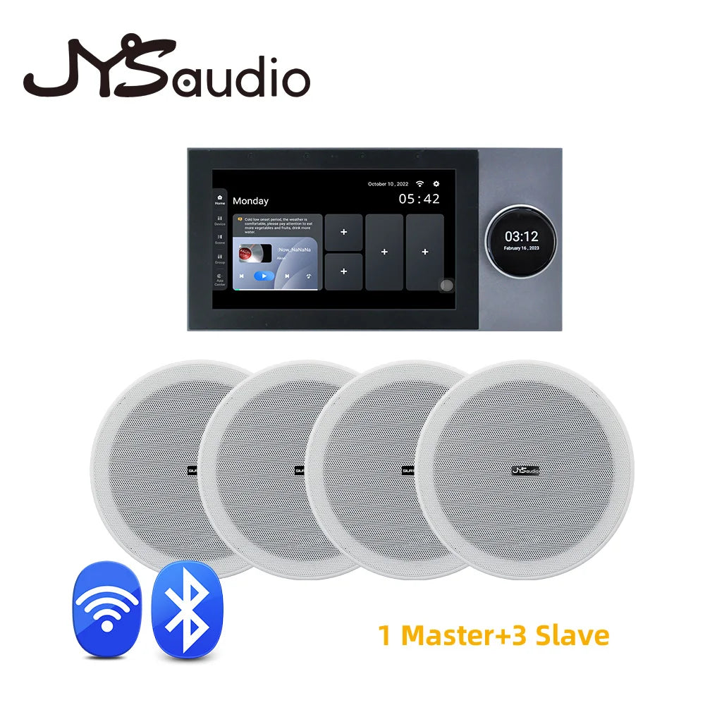Jysaudio smart home theater wall sound amplifier wifi touch with black gray touchscreen and four white ceiling speakers